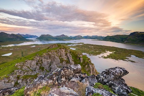 View of the coast and mountains from Mount Hoven, Gimsoy, Lofoten, Norway, Europe