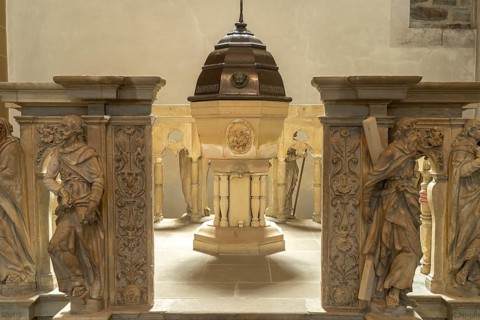 Baptismal font in the interior of Paderborn Cathedral, Paderborn, North Rhine-Westphalia, Germany,