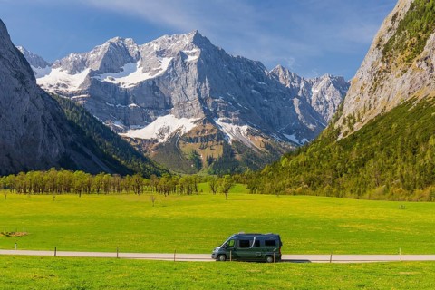 Camper van, Nature conservancy area Grosser Ahornboden. Sycamore maple trees, Acer pseudoplatanus,