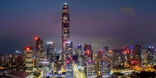 Skyline with skyscrapers panorama city centre Futian district at night in Shenzhen, China, Asia