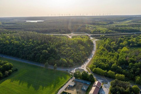 Aerial view of the Brieske junction of the B 169 federal road with roundabouts and slip roads,