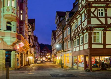 The Lange Straße in the old town centre of Hannoversch Münden with historic half-timbered houses in