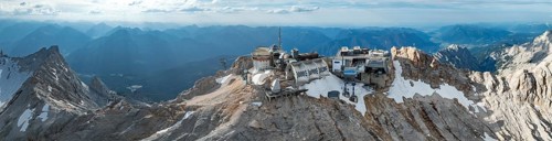Alpine panorama, mountain station of the Zugspitzbahn, Zugspitze and Zugspitzplatt with glacier,