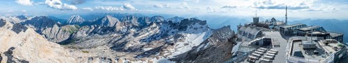 Alpine panorama, mountain station of the Zugspitzbahn, Zugspitze and Zugspitzplatt with glacier,