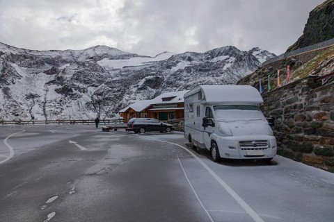 Camper parking at a parking lot at the Grossglockner High Alpine Road, a panoramic road in Austria,