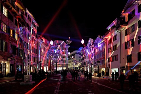 Light installation, on building facades and sculptures in the form of glasses and butterflies in