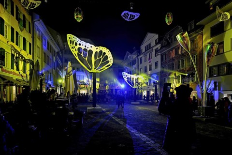 Light installation, on building facades and sculptures in the form of glasses and butterflies in