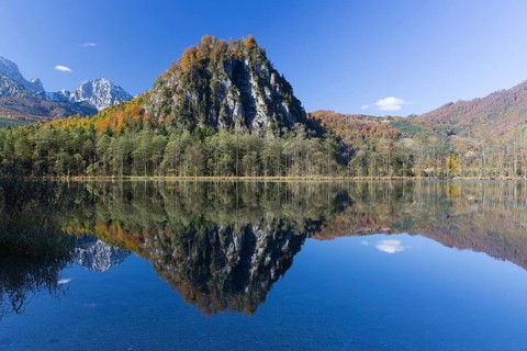Autumn mood at lake Almsee, Grünau, Austria, Totes Gebirge, Europe