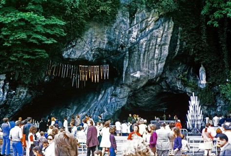 Grotto of Massabielle, Grotto of the Apparitions, Lourdes, France, 1973 with crutches of the healed