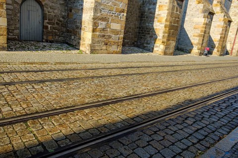 Tram tracks run along the south side of St Mary's Cathedral, Old Town of Erfurt, Thuringia,