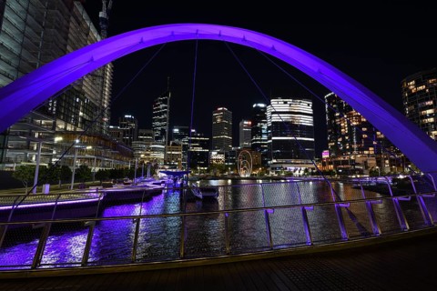 Skyline at Elisabeth Quay, blue hour, blue hour, harbour, Perth, State of Western Australia,