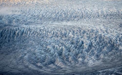 Structure of the glacier ice of Myrdalsjökull glacier in the evening light, Pakgil, Iceland, Europe