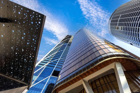 Australia scenic Sydney downtown skyline panorama and financial business center near Opera House.