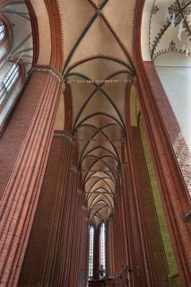Vaults and pillars of St Nicholas' Church, late Gothic brick building, built between 1381 and 1487,