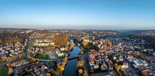 Aerial view, panorama of the town of Sigmaringen with the Hohenzollern castle, a sight and tourist
