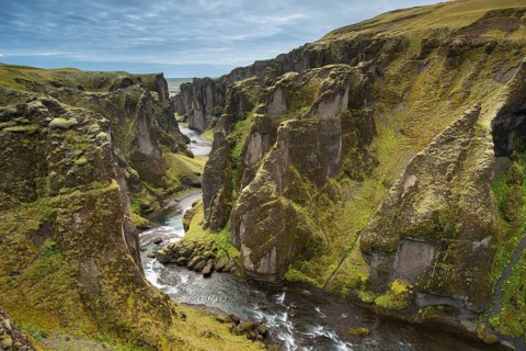 The river Fjaðrá flows through the gorge Fjaðrárgljúfur, Fjadrargljufur near Kirkjubæjarklaustur in