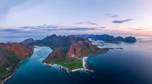 View of Flakstad and Skagsanden beach, mountains and fjord, aerial view, Lofoten, Norway, Europe
