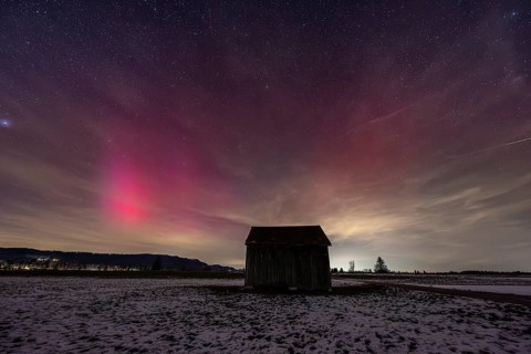Northern Lights, Aurora borealis, violet, pink, red, hut, stars, Loisach-Lake Kochel-Moor,