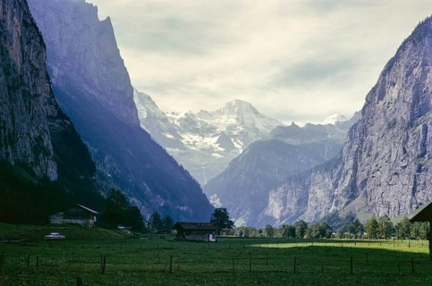 View of the snow-covered Alpine peaks of the Breithorn, Bernese Alpine massif, from Stechelberg,