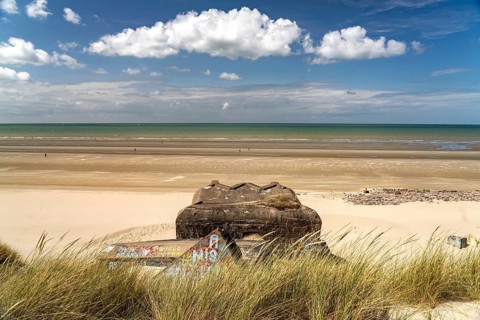 World War II bunker on the beach at Leffrinckoucke on the Côte d'Opale or Opal Coast, France,