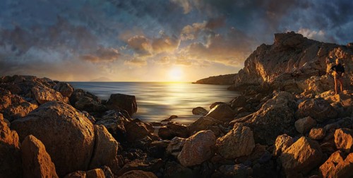 Sunset over the rocky coast of Finiki fishing village with dramatic sky, Finiki fishing village,