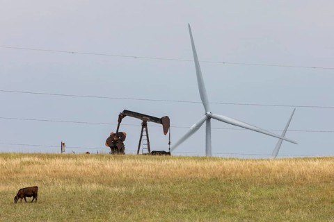 Osage Nation, Oklahoma, An oil well and wind turbines on the Osage Indian Reservation. The Osage