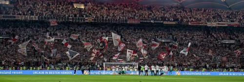 VfB Stuttgart players being celebrated by fans, Cannstatter Kurve, fan curve, flags, atmospheric,
