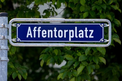 Street sign Affentorplatz, named after the medieval city gate, Sachsenhausen, Frankfurt, Hesse,
