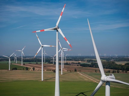Wind farm near Anklam, drone photo of wind turbines, Sarnow, Mecklenburg-Western Pomerania,