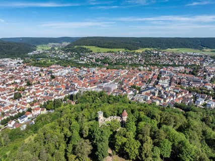 Aerial view of the town of Tuttlingen, in the foreground the ruins of Honburg Castle on the