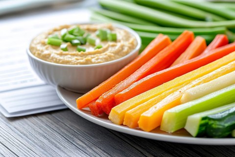 Plate with raw vegetables and hummus dip. Generative Ai, AI generated