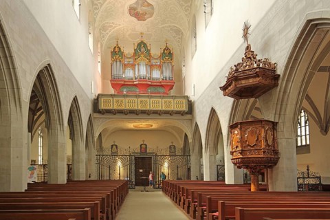 Interior view with pulpit, organ and pews, ceiling fresco, late Gothic Minster of Our Lady,