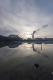 Energy turnaround, shutdown Neckarwestheim nuclear power plant on the Neckar, sunrise, foggy,