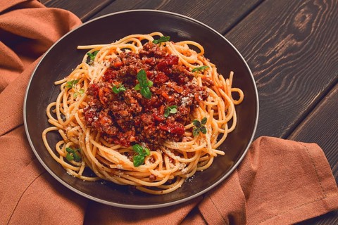 Spaghetti Bolognese, top view, close-up, no people, homemade