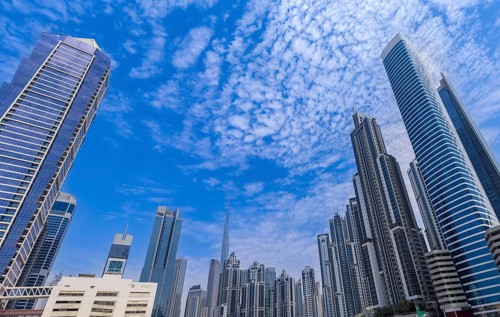 UAE, Dubai panoramic skyline view of city downtown and business district
