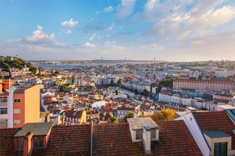 View of Lisbon famous view from Miradouro da Senhora do Monte tourist viewpoint of Alfama and