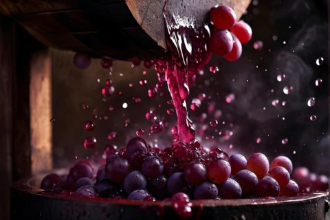 Grape cluster mid crush in a traditional wine press with dynamic flow of juice, AI generated