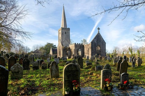 Ruins of Holy Trinity church, Buckfastleigh, north Devon, England, UK destroyed by fire in 1992