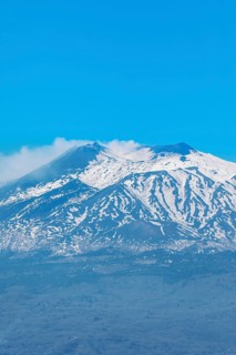 View of mount Etna from Castelmola village, Castelmola, Taormina, Sicily, Italy, Europe