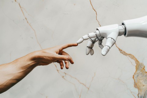 Human hand and white robotic hand reaching towards each other. KI generiert, generiert, AI
