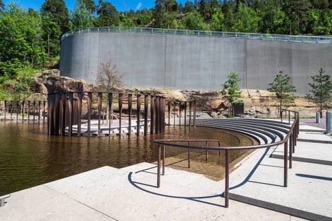 Memorial for the Utøya terror attack of 2011, metal pillars for every person killed, Utøyakaia at
