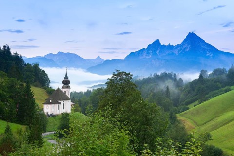 Maria Gern pilgrimage church, view of the Watzmann, in front of sunrise, Berchtesgarden Alps,