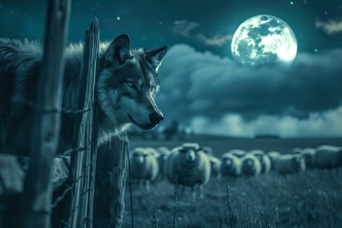 A wolf stands at a pasture fence at night under a full moon and observes a grazing flock of sheep,
