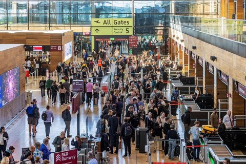 Berlin-Brandenburg BER Airport. Passengers in Terminal 1 waiting for check-in and security control