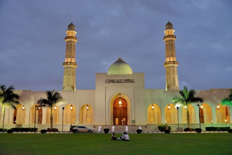 Sultan Qaboos Mosque at dusk, classical Medina architecture, Salalah, Orient, Oman, Asia