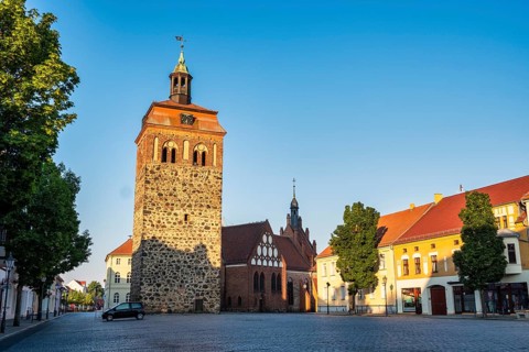 Market tower in front of St. Johanniskirche, Luckenwalde, Brandenburg, Germany, Europe