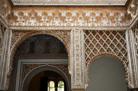 Arabesque Mudjar plasterwork of the 12th century Patio de las Muñecas (Courtyard of the Dolls),