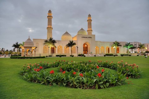 Sultan Qaboos Mosque at dusk, classical Medina architecture, Salalah, Orient, Oman, Asia