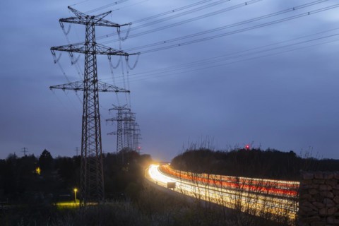 New power line from Birkenfeld to Ötisheim in the Enzkreis district in the evening, 14-kilometre