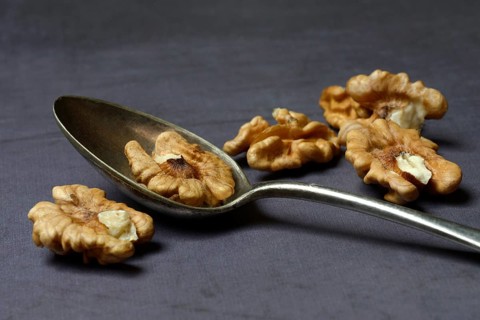Walnut, Juglans regia, walnuts in spoons